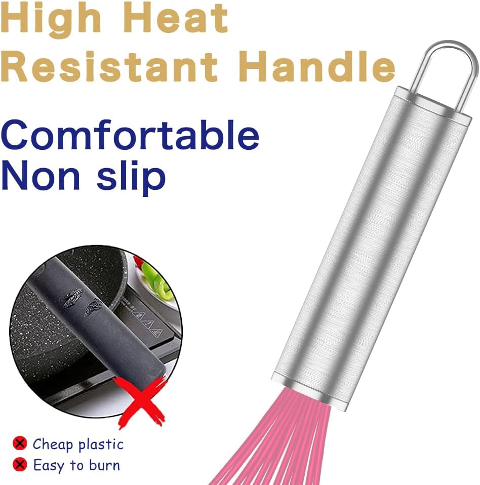 Pink Silicone Whisk, Professional Whisks For Cooking Non-Scratch, Stainless Steel & Silicone Wisk, Plastic Rubber Whisk Tool For Nonstick Cookware Pans, Silicon Wisks Set of 3