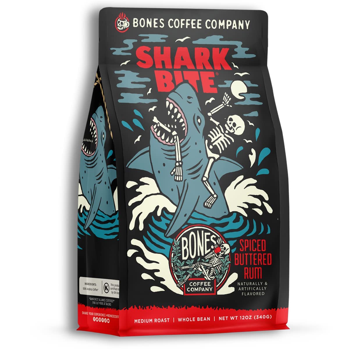 Bones Coffee Company Shark Bite, Buttered Rum Flavored Coffee, Medium Roast Low Acid Arabica Beans Compatible with Auto drip and French Press Coffee Maker, 12 Oz Ground