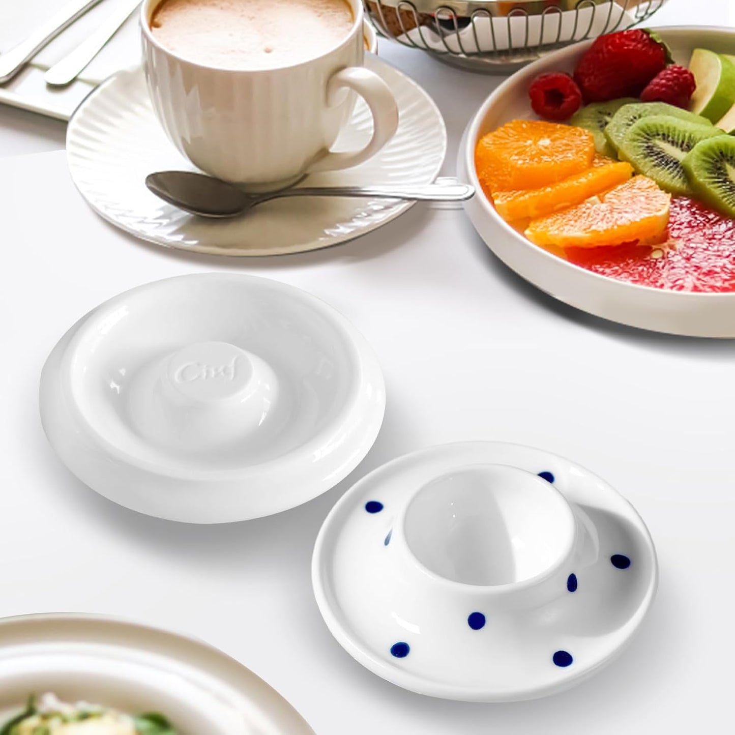 Cinf Ceramic White Egg Holder Set of 2 Porcelain Holder Breakfast Boiled Cooking Easy to Clean Childhood Memories Kitchen（Blue Dot)