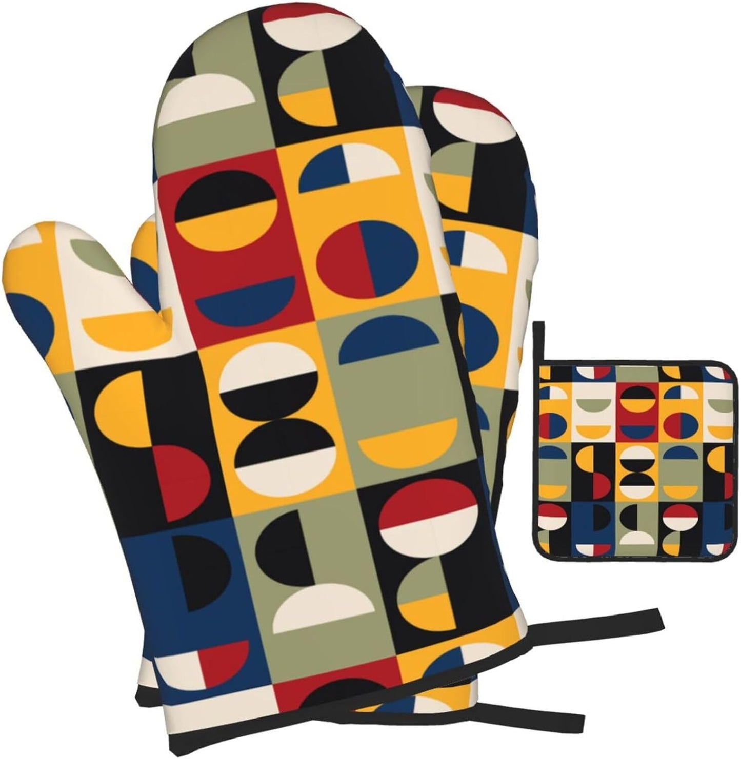 Retro Mid Century Modern Oven Mitts and Pot Holders Set Vintage Decorative Heat Resistant Microwave Oven Gloves for BBQ Baking Grilling Cooks Kitchen Decor 3 Piece