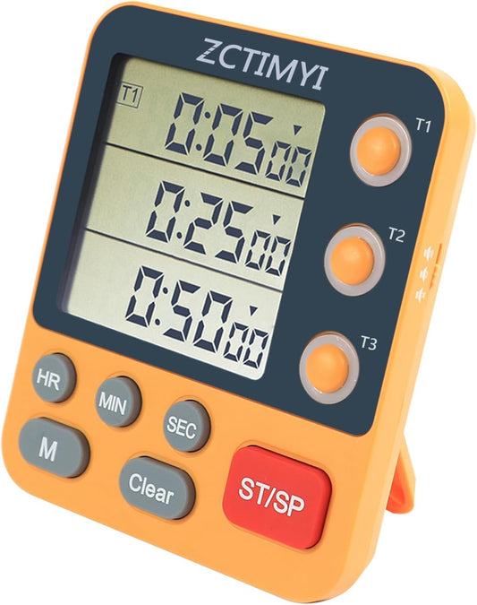 Dual Digital Timer for Kitchen Cooking, 3 Channels Count Down/Up Triple Timer for Kids, Presets Memory Large Display & Magnetic Back Adjustable Alarm Volume, Suit for Student Teacher Studying, Orange