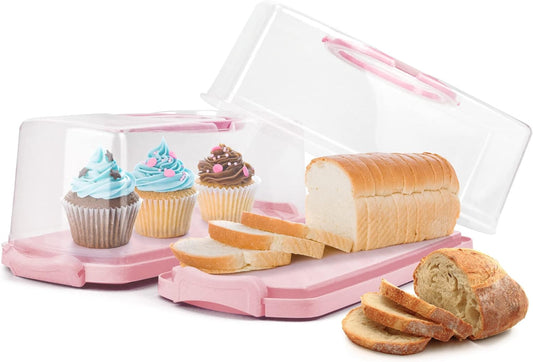 2-Pack Plastic Rectangular Bread Box with Clear Lid, Loaf Cake Keeper, Portable Bread Keeper Storage Container with Handle (Pink)