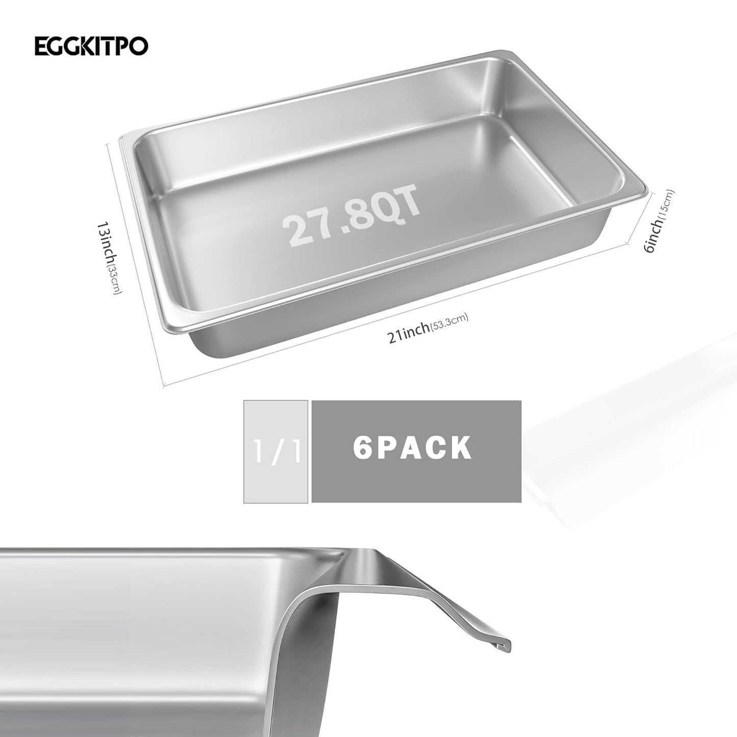Stainless Steel Pan 6-Pack 6 Inch Deep Full Size Pans Catering Storage Metal Food Pan commercial Steamer pan food Catering Trays for Hotel Steam Table Tray for Food Warmer