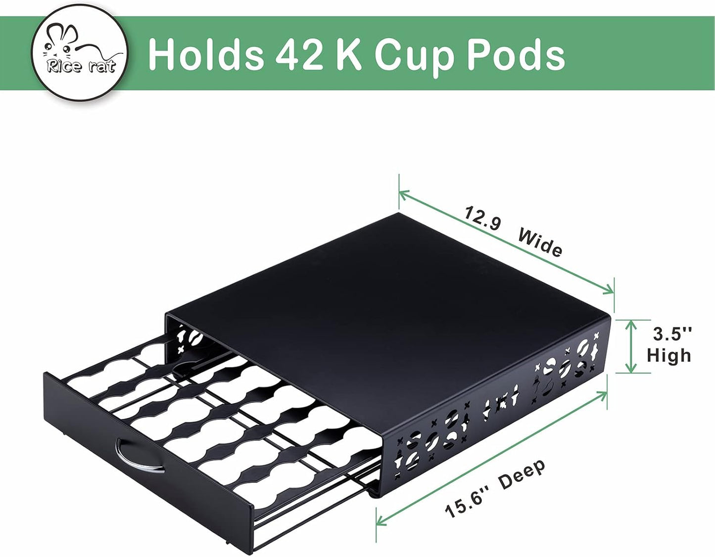 Rice rat K Cup Pod Holde iron Top Drawer,Coffee Pod Holder Capsule Display Storage compatibility 42 k cup (Black)
