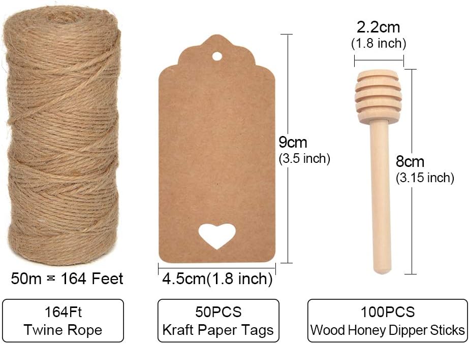 100Pcs 3 Inch Wood Honey Dipper Sticks with Natural Jute Twine & Kraft Paper Tags for Honey Jar Dispense Drizzle Honey Wedding Party Family by BNK