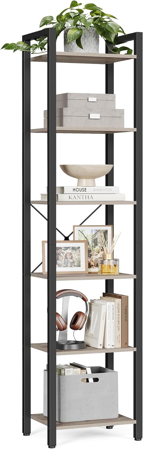 VASAGLE 6-Tier Bookshelf, Bookcase with Steel Frame, Book Shelf for Living Room, Home Office, Study, 11.8 x 15.7 x 73.2 Inches, Industrial Style, Heather Greige and Ink Black ULLS101B02