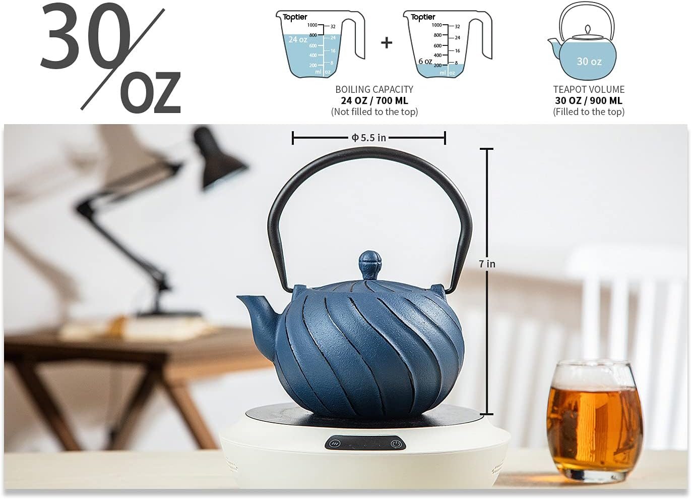 Tea Kettle, TOPTIER Japanese Cast Iron Teapot with Stainless Steel Infuser, Cast Iron Tea Kettle for Stove Top, Wave Design Teapot Coated with Enameled Interior for 30 Ounce (900 ml), Navy Blue