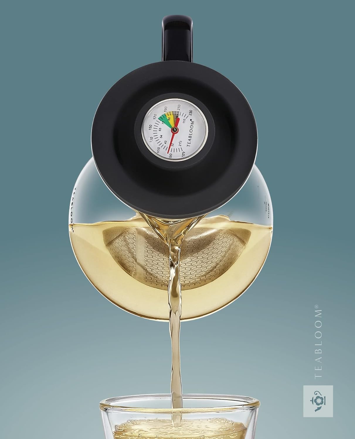 Teabloom 2-in-1 Tea Kettle and Tea Steeper - Glass Teapot with Thermometer and Stainless Steel Loose leaf Tea Infuser, No Whistle Kettles, Virtuoso 34-Ounce Tea Maker