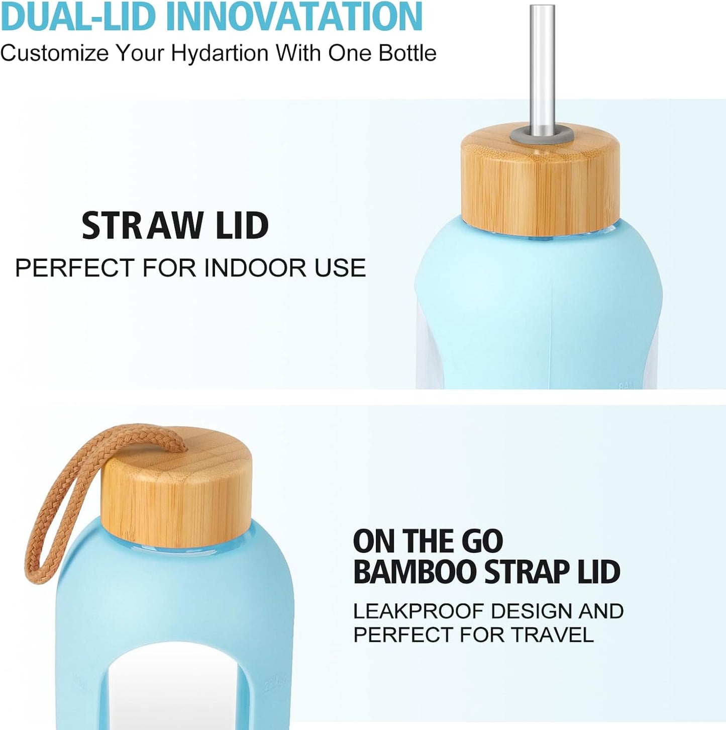 Glass Water Bottles 32 oz - Motivational Drinking Glass Water Bottle with Silicone Sleeve, Straw & 2 Bamboo Lids - 1 Liter Clear Borosilicate Daily Intake Tumbler with Time Marker - Glow in Dark