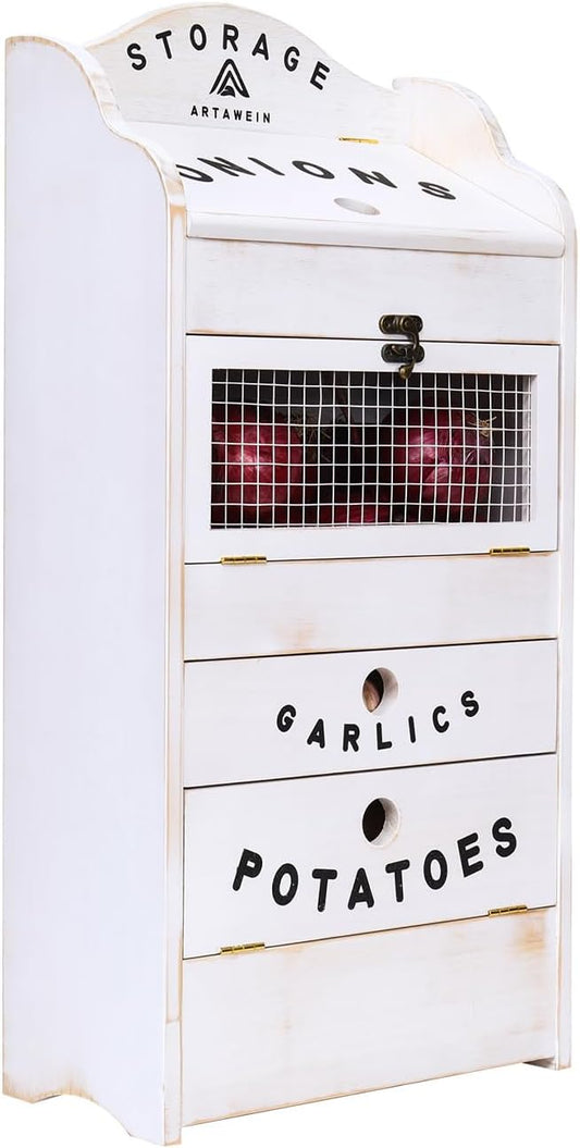 ARTAWEIN Pine Wood Veggie Bin for Potato, Onion and 1 Garlic Drawer Vegetable Box for Kitchen Storage, Solid Wood Vegetable Bin 13.77" L X 7.1" W X 29.3" H (Rustic White)