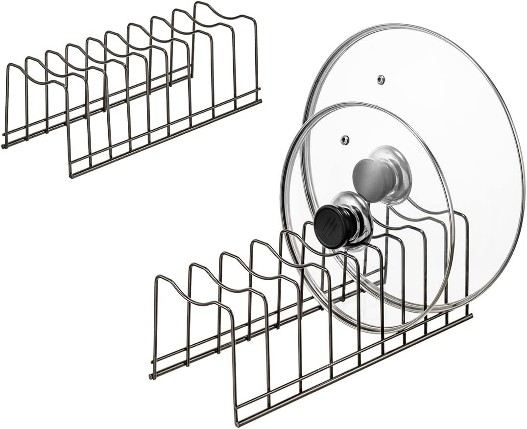 Pot Lid Organizer, Stainless Steel Pot Lid Storage Rack Holder, Cutting Board, Bakeware, Pots & Pans, Serving Trays, Reusable Containers in Cabinet Pantry on Countertop(Satin Nickel, 2)