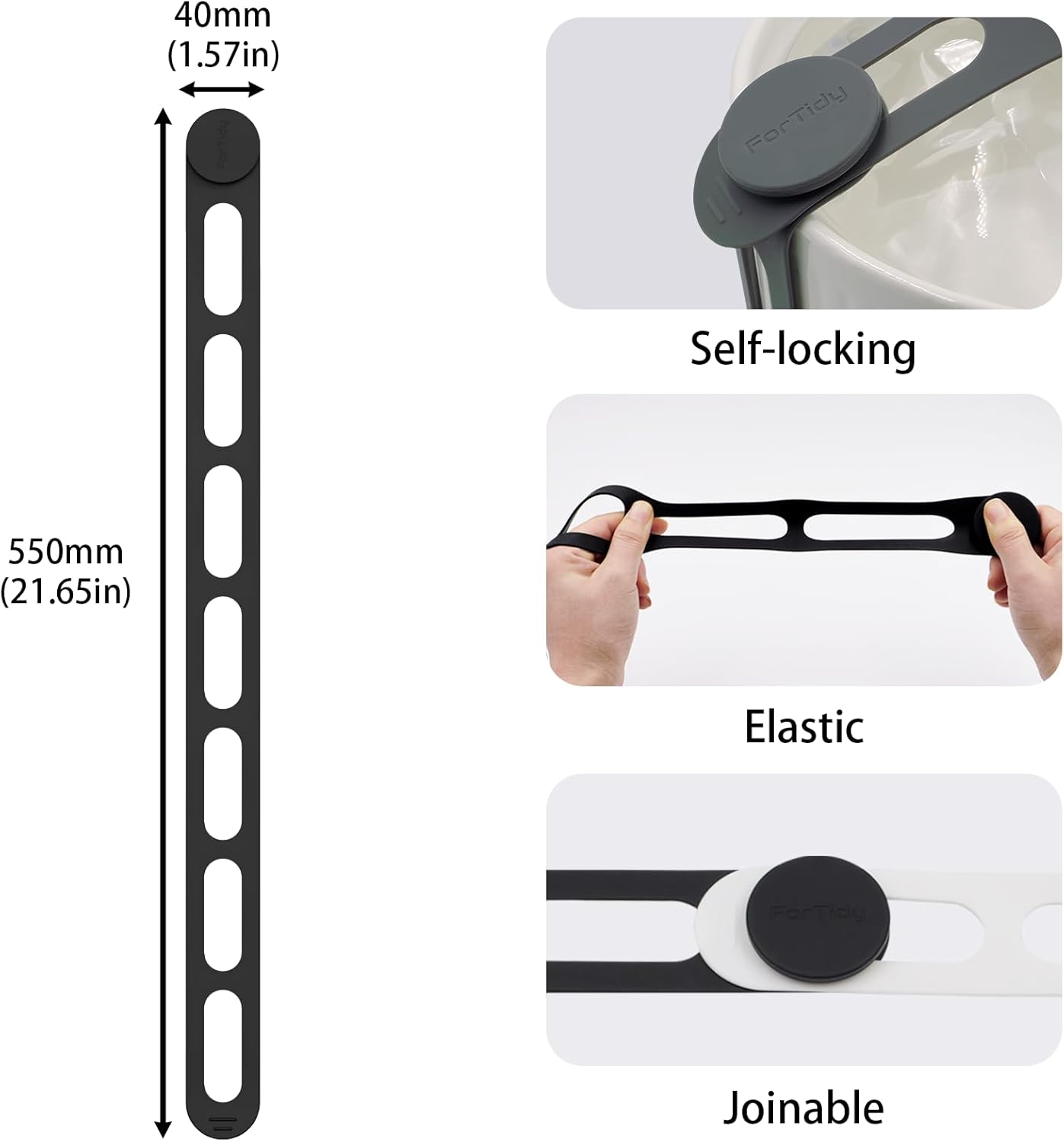 Silicone Latch Strap for Slow Cooker Lid, Pot, Bento Box, 21.65 In Reusable Elastic Self-Lock Silicone Tie for Bundling or Organizing Curtain, Cords, Yoga Mat, Camping Mat, 2pcs (Black&Black)