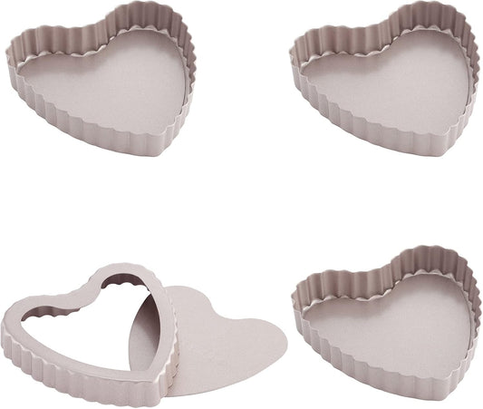 CHEFMADE Mini Tart Pan Set, 4-Inch 4Pcs with Removable Loose Bottom Non-Stick Heart-shaped Quiche Bakeware for Oven and Instant Pot Baking (Champagne Gold)
