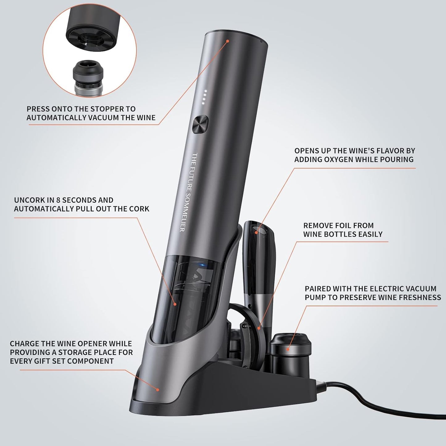 CIRCLE JOY Rechargeable Electric Wine Bottle Opener Set 7-in-1 Aluminum Alloy Wine Gift Set with 2-in-1 Electric Corkscrew & Vacuum Pump, Foil Cutter, Wine Pourer, Charging Base and 2 Wine Stoppers