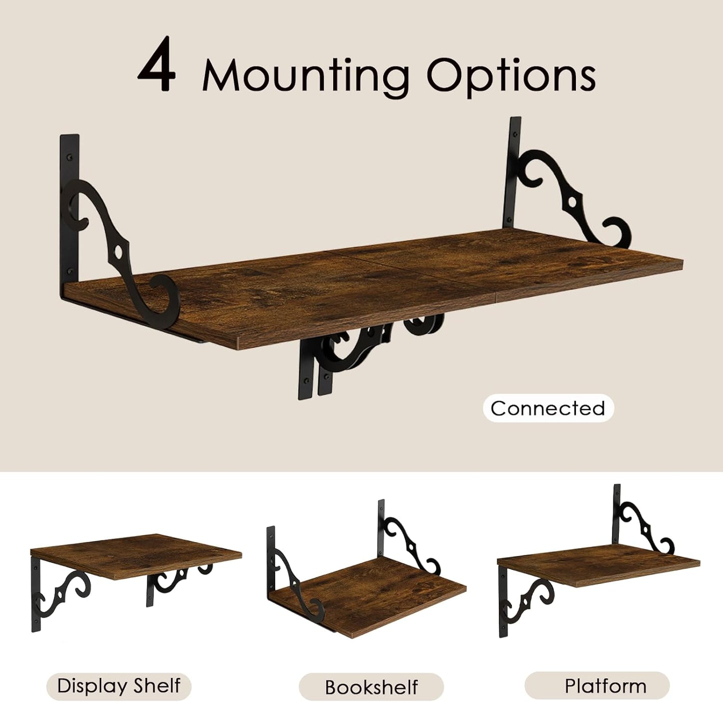 DINZI LVJ Deep Floating Shelves, 16" W x 12" D Wall Shelves Set of 2, Wide Display Shelf Wall Mounted with Brackets, Easy-to-Install Wall Bookshelf for Living Room, Bathroom, Bedroom, Rustic Brown