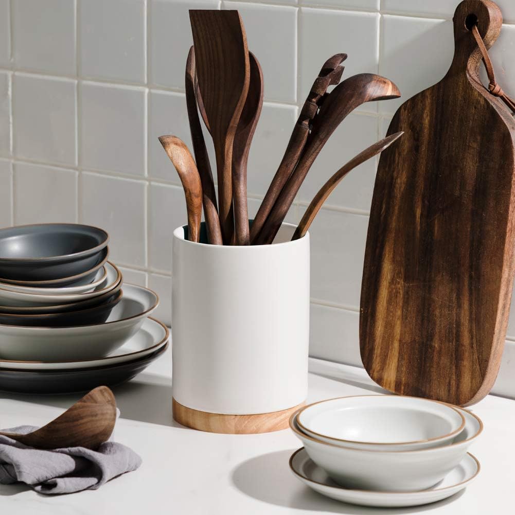 Sweejar Kitchen Utensil Holder with Wooden Bottom, 6.7" Ceramic Utensil Crock to Hold Spatulas for Cooking Countertop, Housewarming, Wedding, Birthday Gift (White)