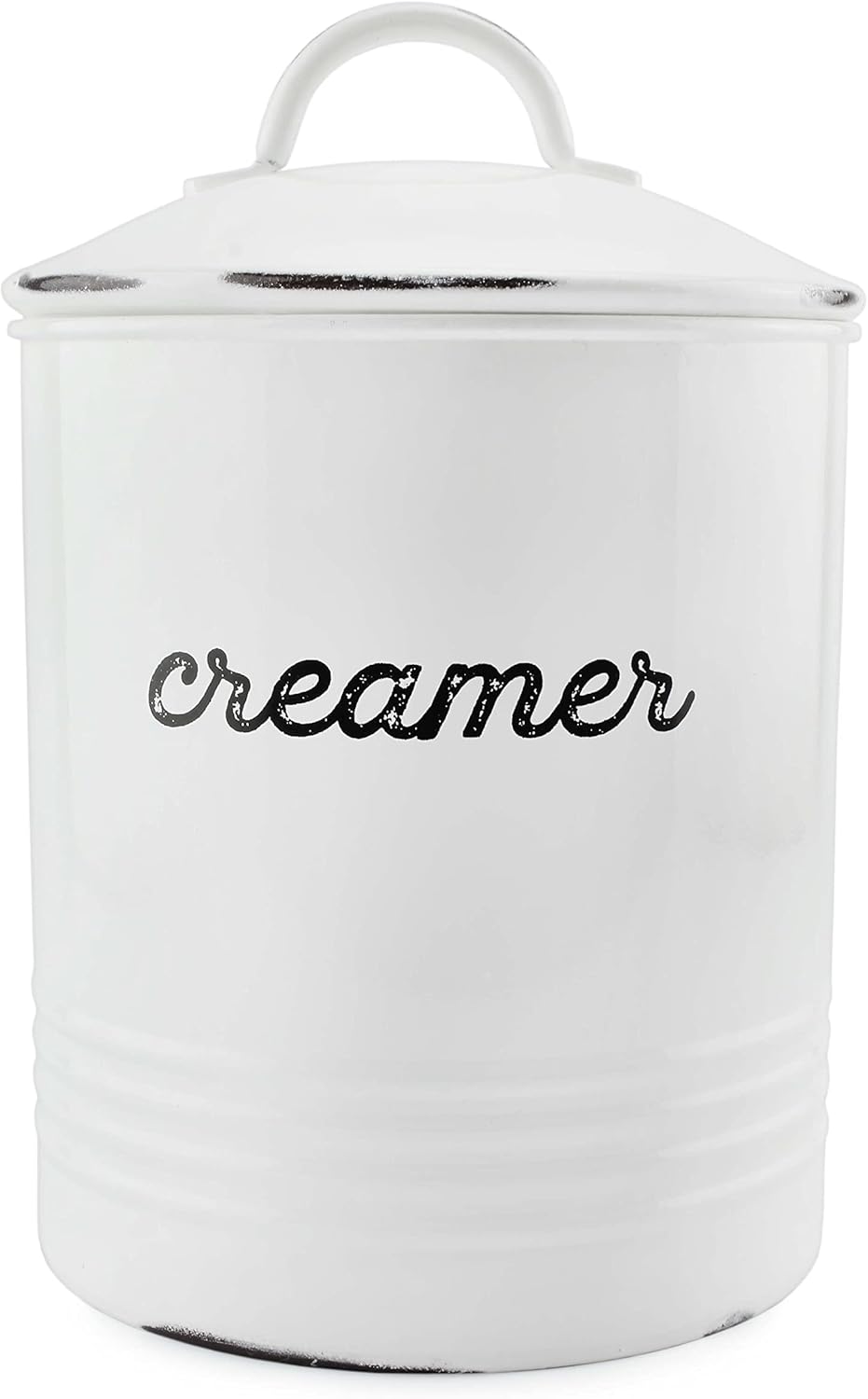 AuldHome Design Enamelware White Creamer Canister; Rustic Distressed Style Coffee Accessory Storage for Kitchen