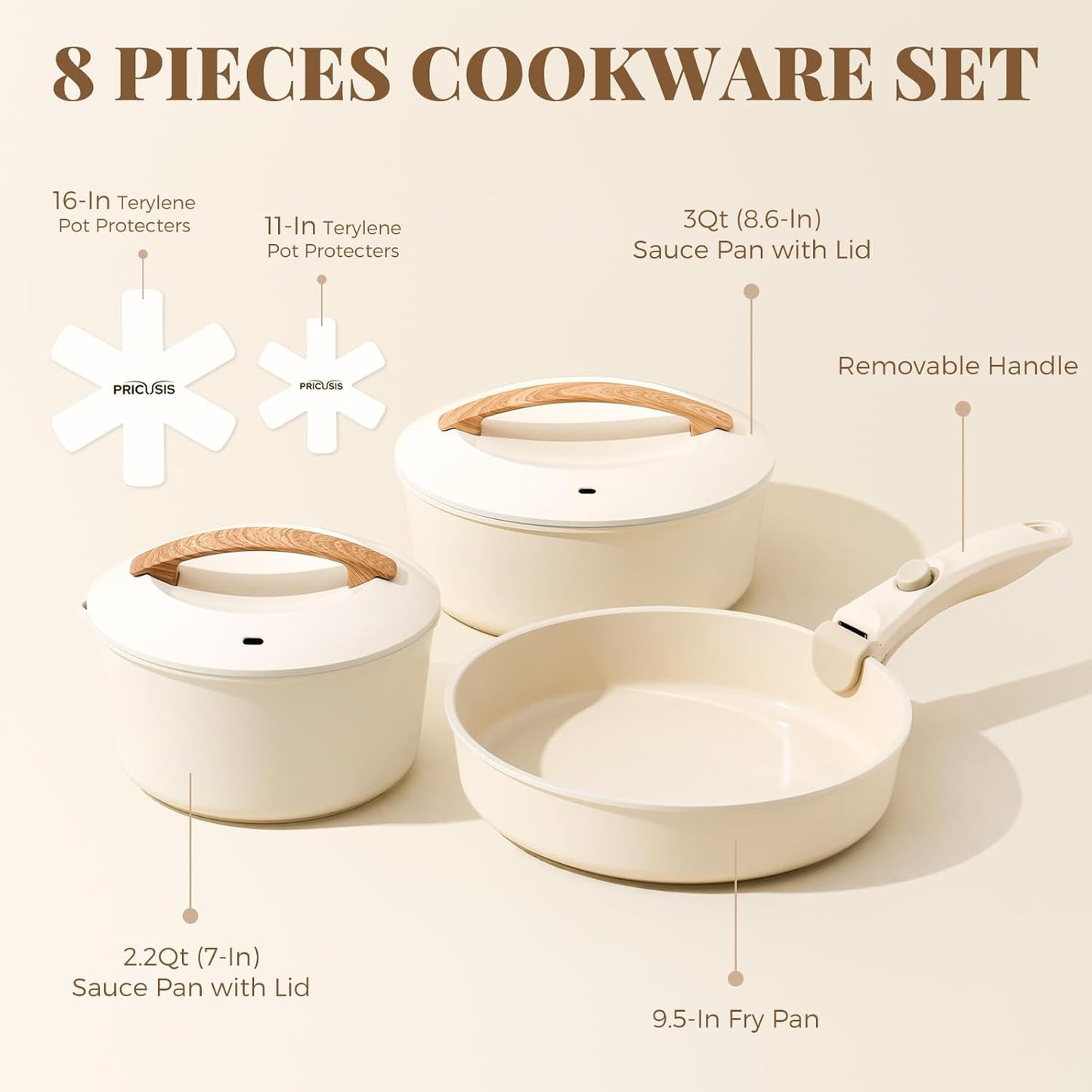 Ceramic Pots and Pans Set with Detachable Handle, Non-toxic Nonstick 8pcs Cookware Set with Die-cast Lids, Dishwasher & Oven Safe, PTFE PFOA PFAS Free, Perfect for College Dorm, Cream White