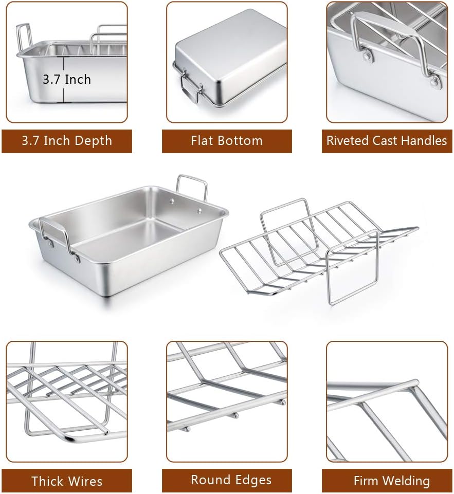 P&P CHEF 14" Roaster Roasting Pan with Baking Rack and V-shaped Rack, Stainless Steel Rectangular Lasagna Pan with Handles for Turkey Chicken, Healthy & Dishwasher Safe, 3 Pieces, Silver