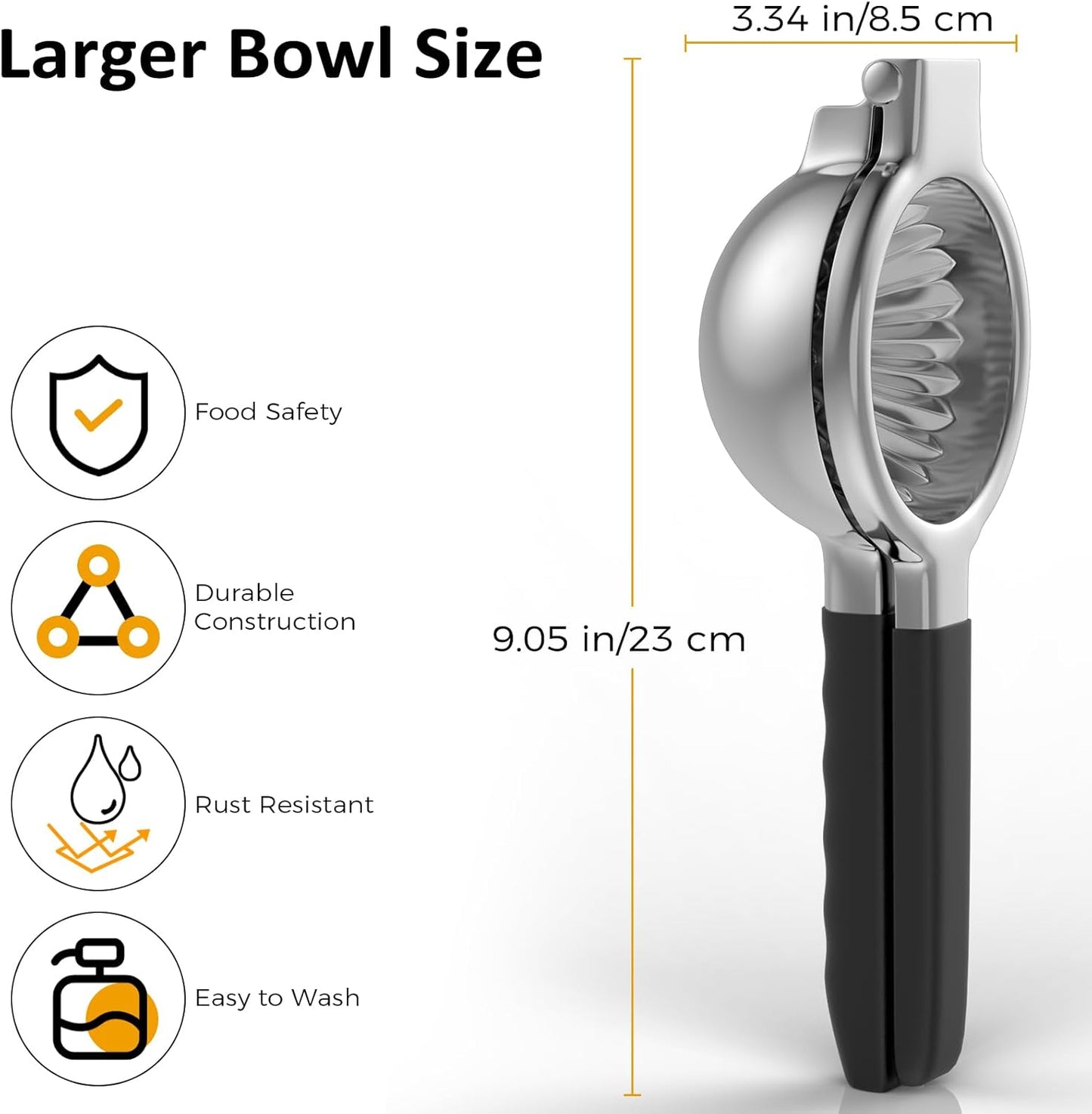 Stainless Steel Lemon Squeezer - Metal Citrus Juicer - Lime Lemon and Fruit Juicer with Silicone Handles - Large Manual Citrus Press Juicer - Hand Held Squeezer - Ergonomic Design with Solid
