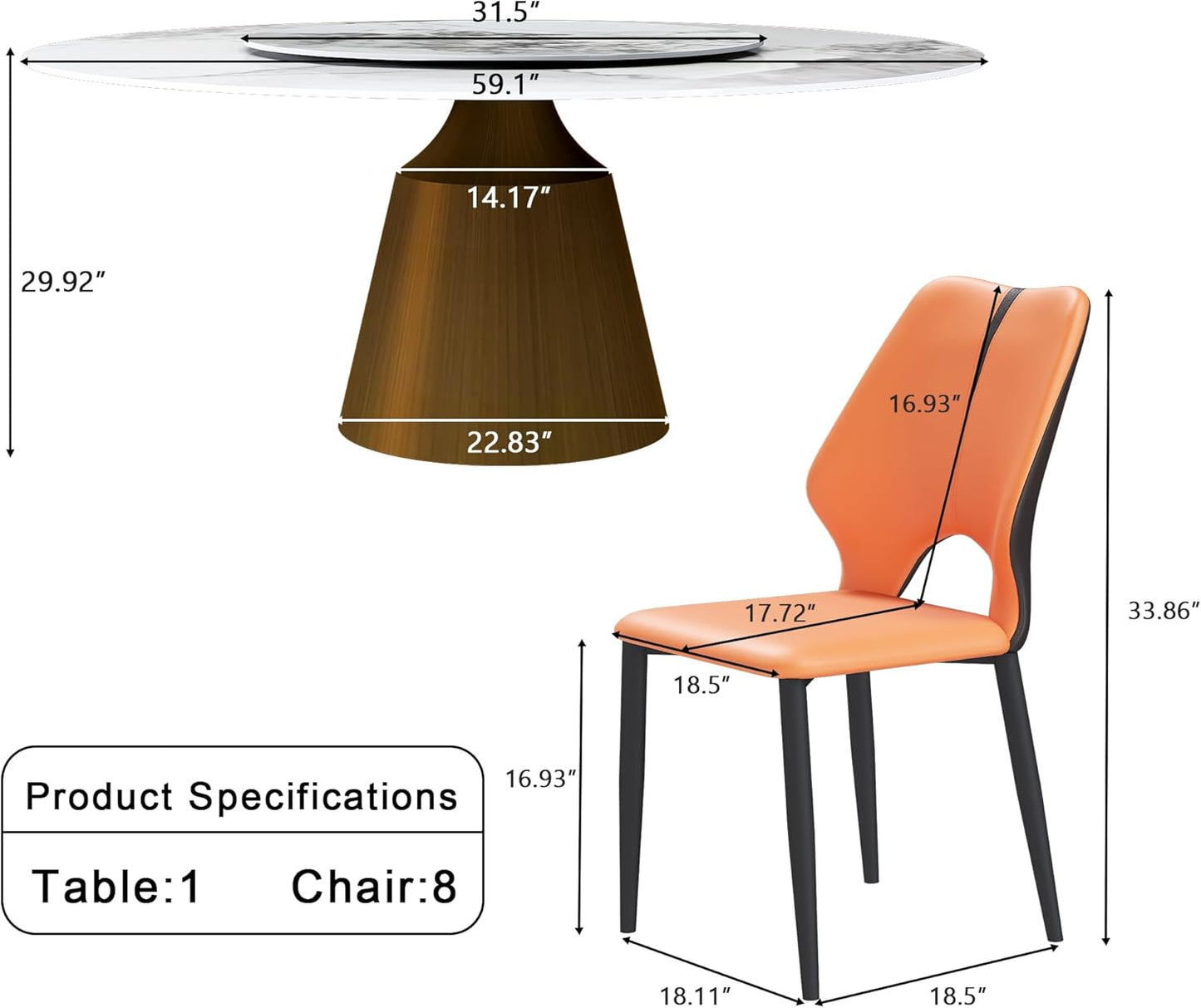 Montary 9 Piece Dining Table Chairs Set, Modern Dining Table Set of 8, Includes 59" D Marble Round Table with Bronzed Metal Cone Base, 8 Orange and Brown Dining Chairs for Home, Kitchen