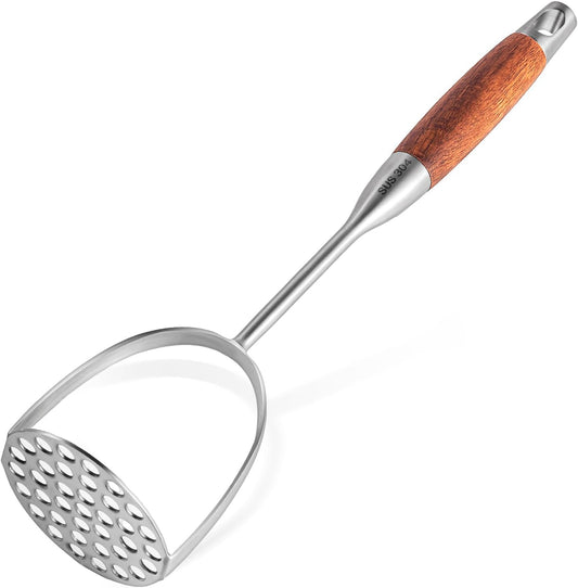 Potato Masher Stainless Steel, Manual Mashed Potato Masher,Wooden handle Potatoes Smasher Kitchen Tool for Avocado,Potatoes, Vegetables, 13.5Inch Long handle Large Heavy Duty Metal Mashing Utensil