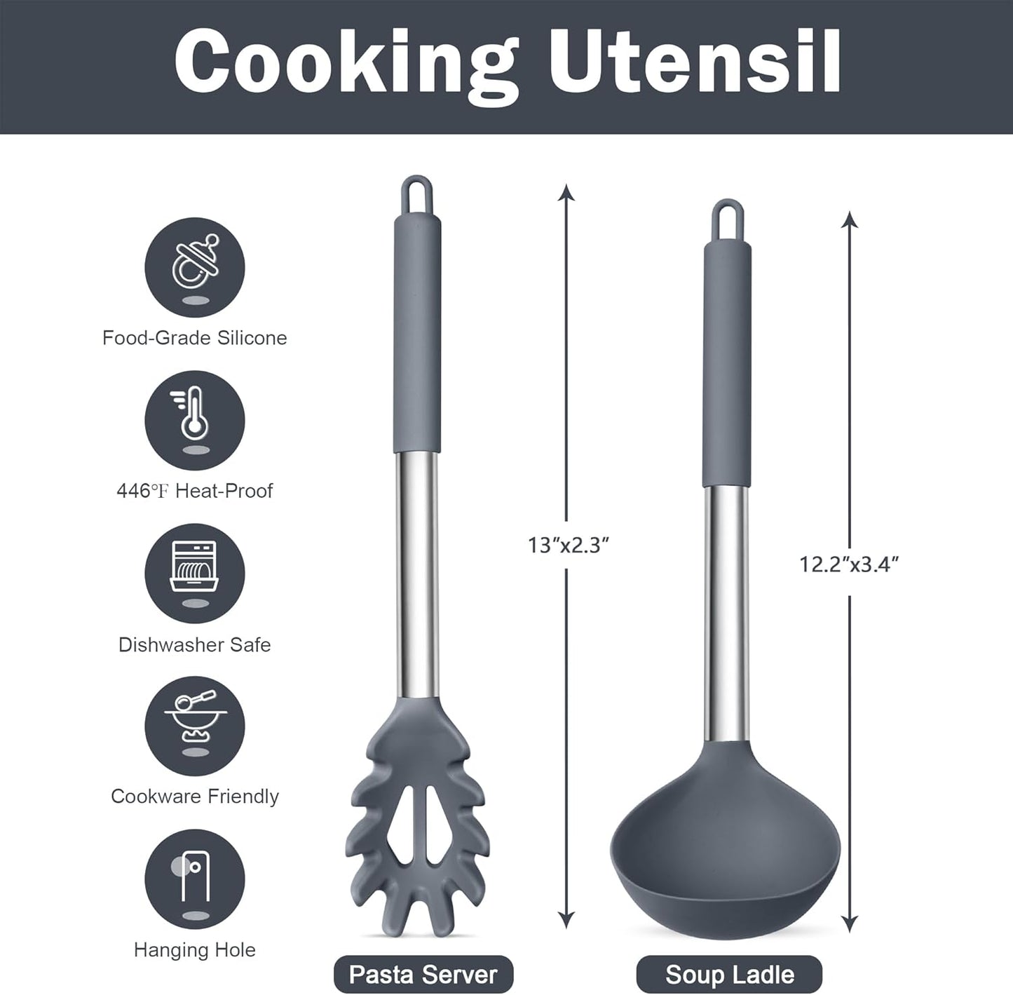 TeamFar Silicone Kitchen Utensils, 2 Pcs Large Nonstick Soup Ladle and Pasta Fork for Cooking Mixing Serving Soup, Sauce, Spaghetti, Eggs, Non-Toxic & Heat-Proof, Dishwasher Safe, Light Grey