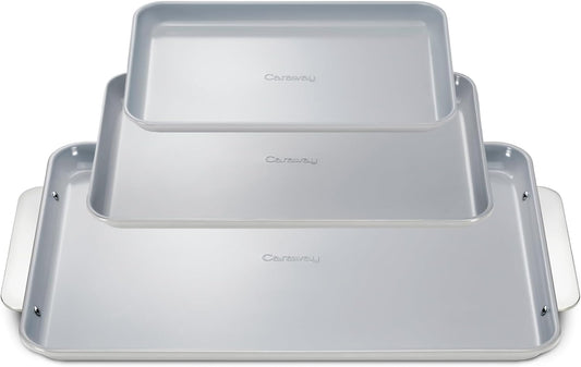 Caraway Non-Stick Ceramic Baking Sheet Trio - Naturally Slick Ceramic Coating - Non-Toxic, PTFE & PFOA Free - 18 x 13" Large, 15 x 10" Medium, & 9" x 13" Small - Gray