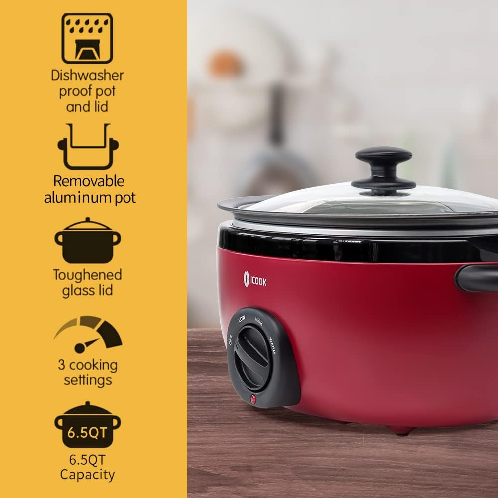 ICOOK USC-65-OP001RD 6.5 Quart Slow Cooker,Aluminium Sear/Sauté Stew Pot Stovetop safe,Dishwasher Safe,Glass Lid,Adjustable Temp,Food Warmer(Red)