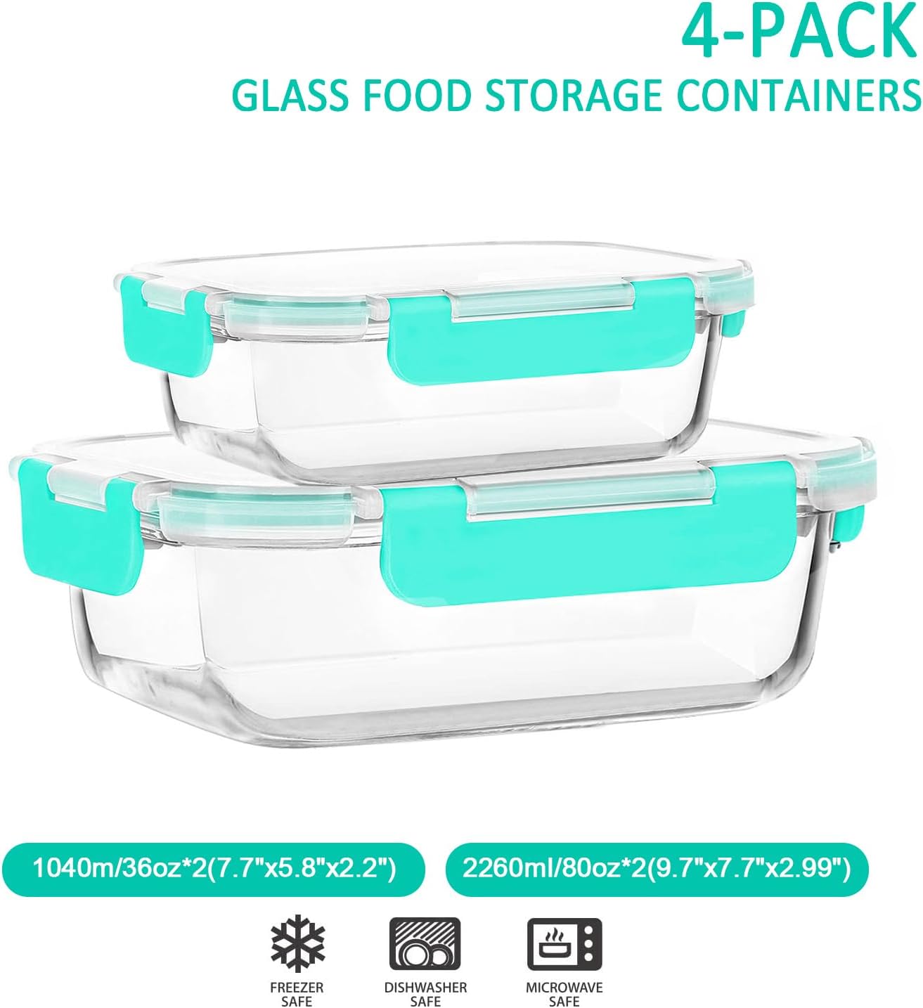 [80 oz & 36 oz]Extra Large Glass Food Storage/Baking Containers Set with Lids, 2 Pack 80 oz(10 cup)&2 Pack 36 oz (4.5 cup)Airtight Glass Container,Microwave,Oven,Freezer and Dishwasher, Green
