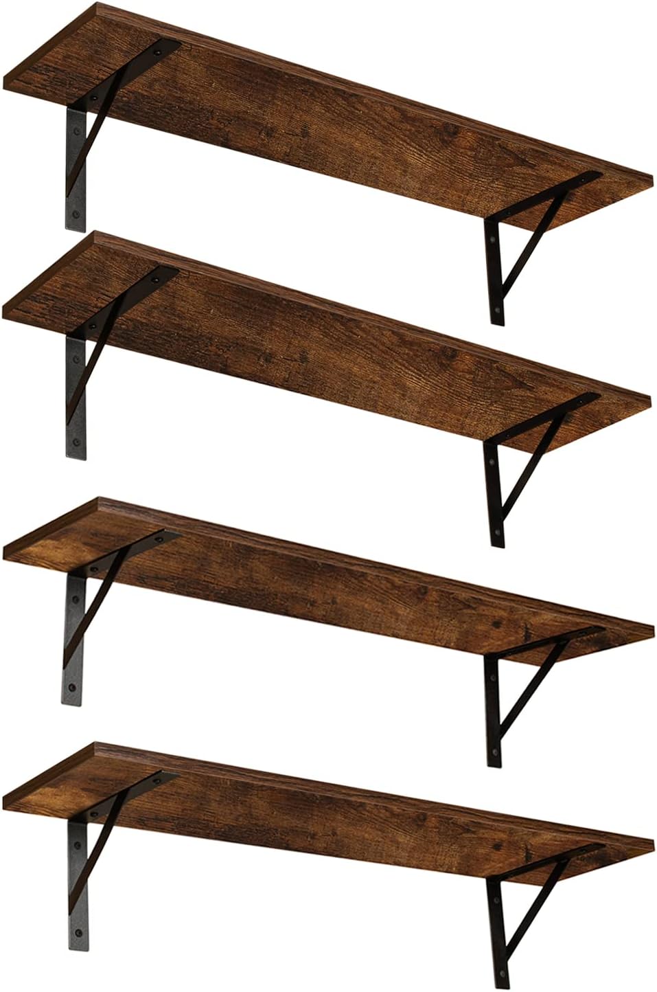 DINZI LVJ Long Wall Shelves, Set of 4, 31.5Inch Wall Mounted Shelves, Extra Large Wall Storage Ledges with Sturdy Metal Brackets for Living Room, Bathroom, Bedroom, Kitchen, Rustic Brown