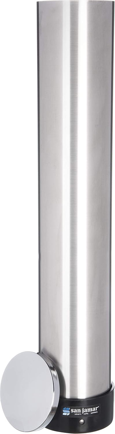 San Jamar Pull-Type Cup Dispenser 12-24 Oz. Cups for Restaurants, Home, and Office, Plastic, 23.5 Inches, Silver