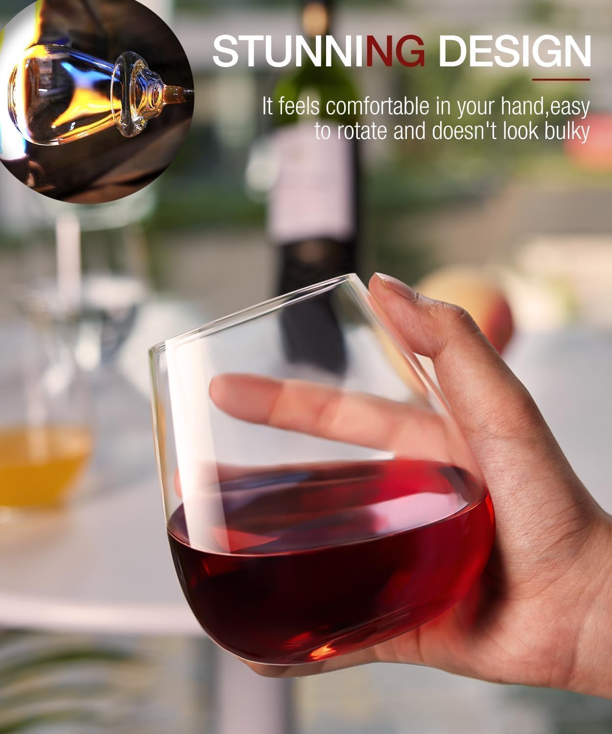 LUNA & MANTHA Stemless Wine Glasses Set of 6, 14.5oz Red White Wine Glass,Premium Hand Blown Crystal Glasses for Daily Use and Special Days, Perfect Gifts for Men and Women