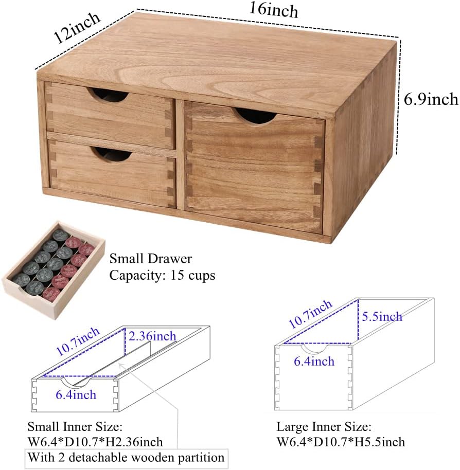 Capsules Coffee Storage Drawer for Pod K-cup Holder - Counter Organizer for Kitchen Utensil Storage - Wood Desktop Coffee Brewer Accessories Stand CF2D3C-LT