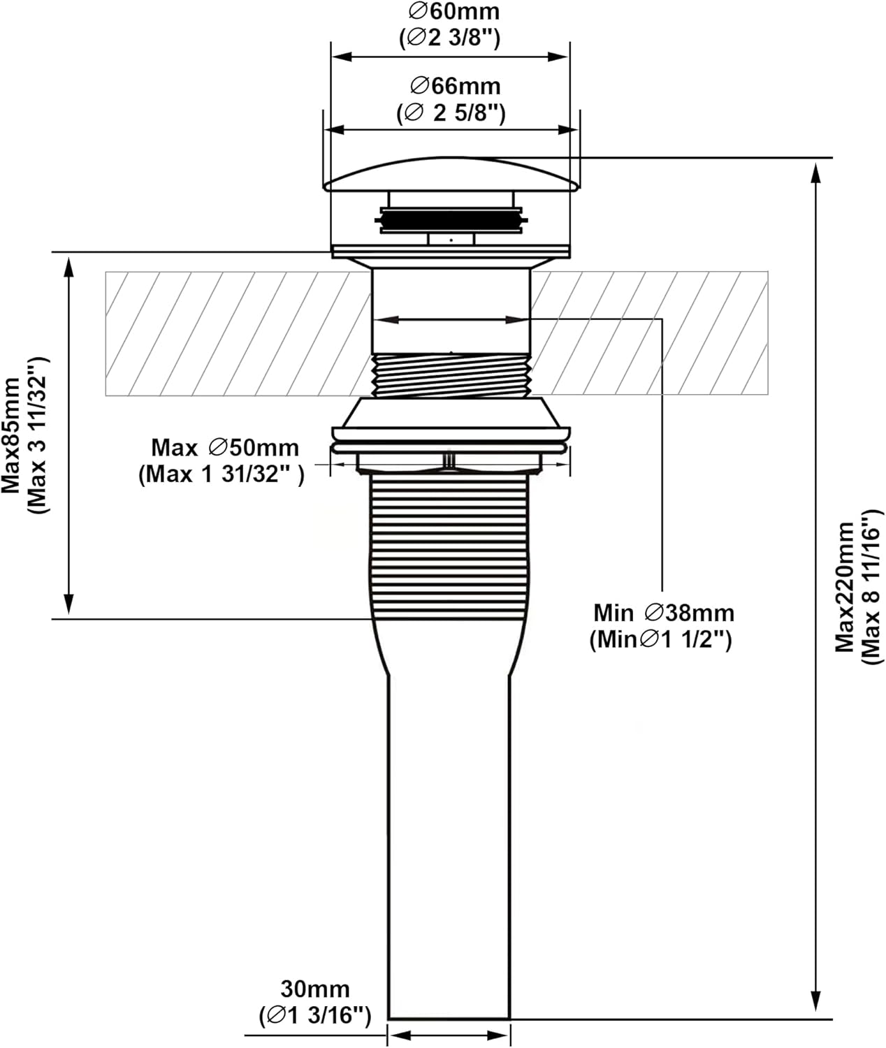 Pop up Sink Drain Stopper for Bathroom Vessel Vanity Sink Art Basin Matte Black, Big Cap Without Overflow, Metal Pop-up Drain Strainer with Detachable Basket Stopper