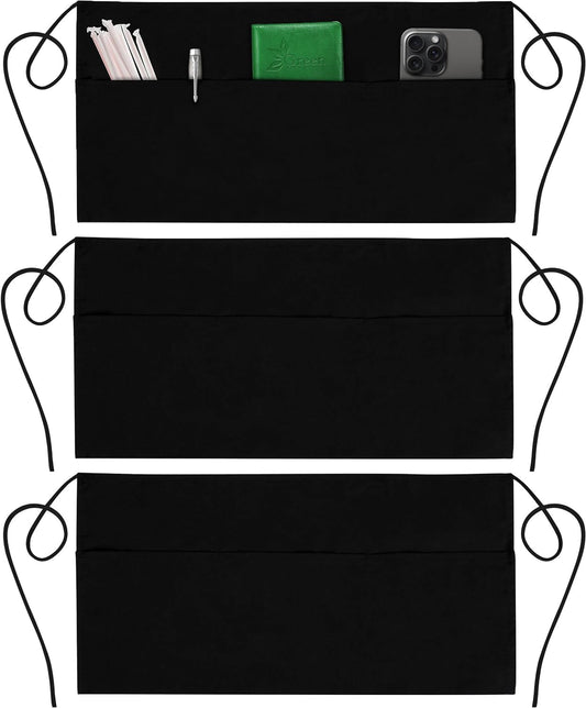 GREEN LIFESTYLE 3 Pack Server Aprons with 3 Pockets - Waist Apron, Waitress Apron for Women and Man, Water Resistant with Long Waist Strap Reinforced Seams, Half Apron (Black)