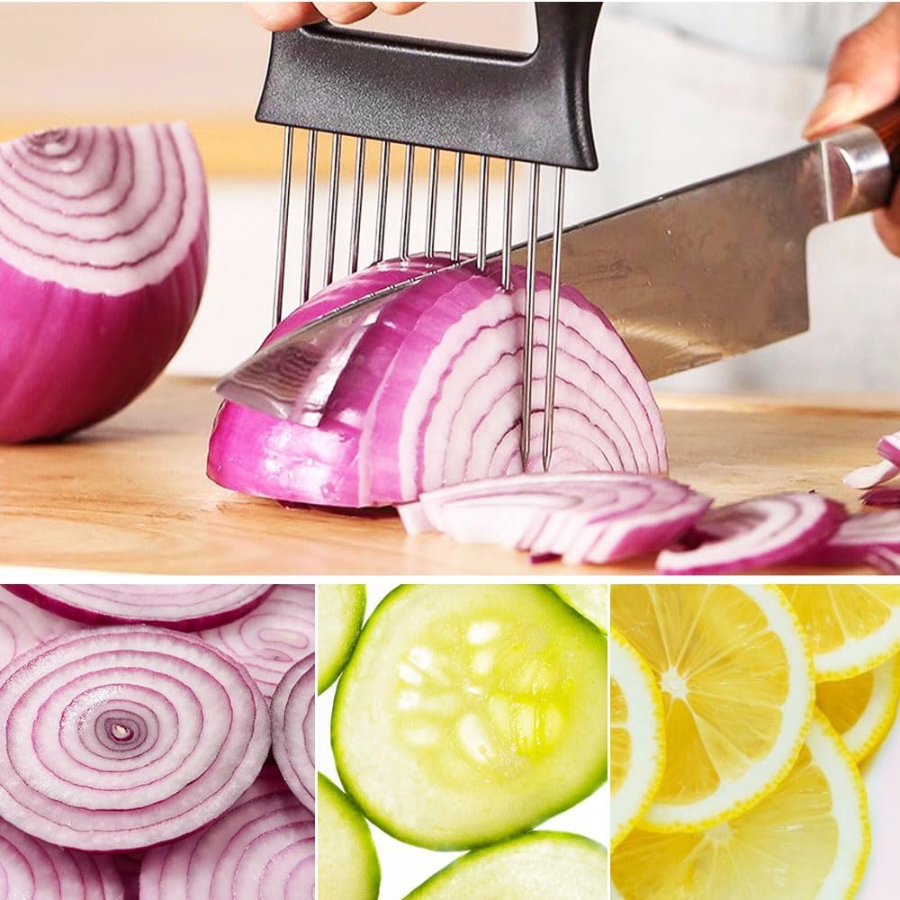 2025 New Onion Holder for Slicing, Stainless Steel Onion Slice Holder Vegetable Slicer Cutter for Potato and Tomato, Kitchen Chopper Slicing Assistant Tool Lemon Slicer Onion Cutter for Slicing (2PCS)