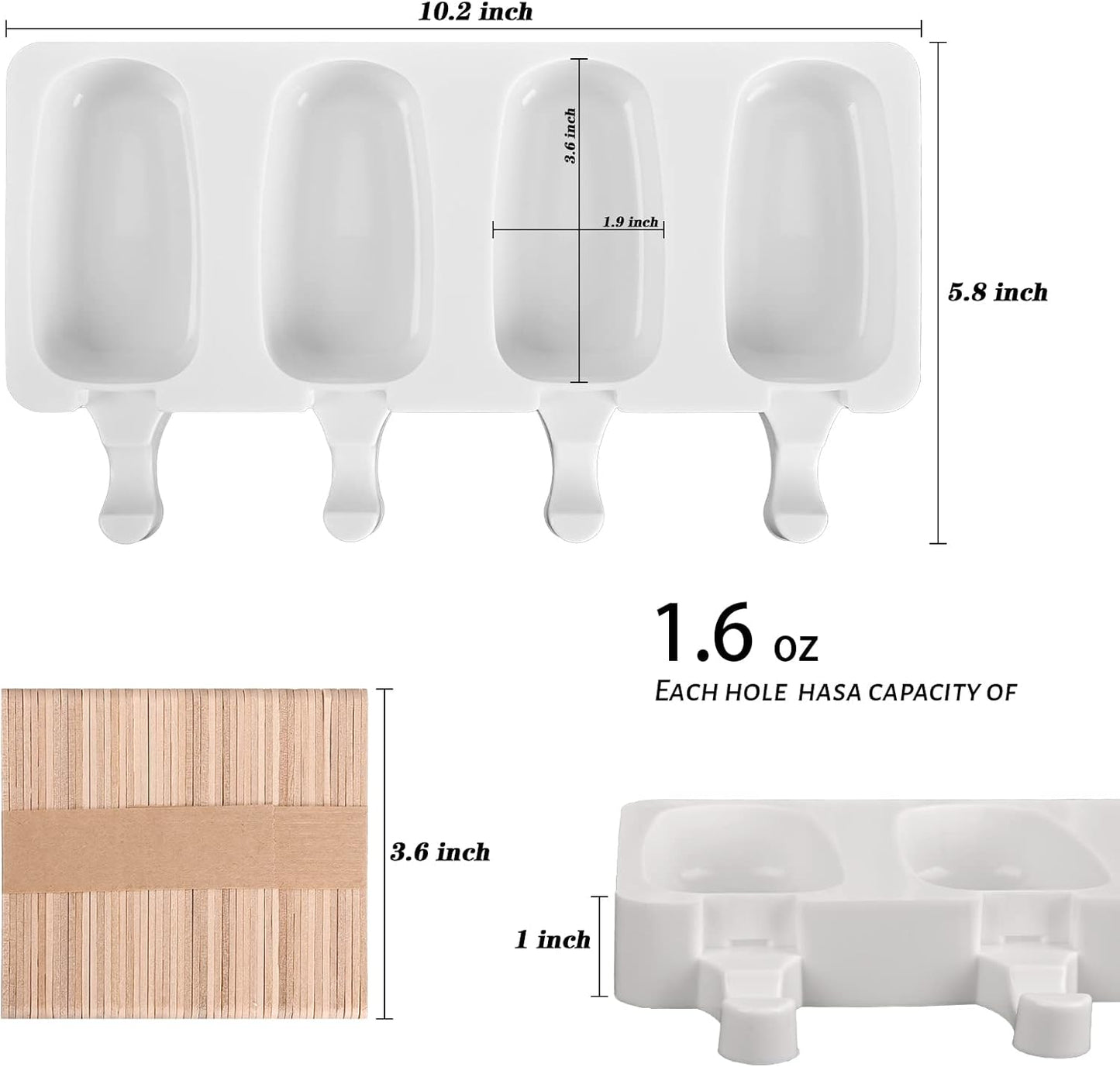 Sakolla 3 Pack Large Popsicle Molds 4 Cavities Cake Pop Silicone Molds Oval Ice Cream Cakesicle Molds for Homemade Ice Pop with 100 Wooden Sticks