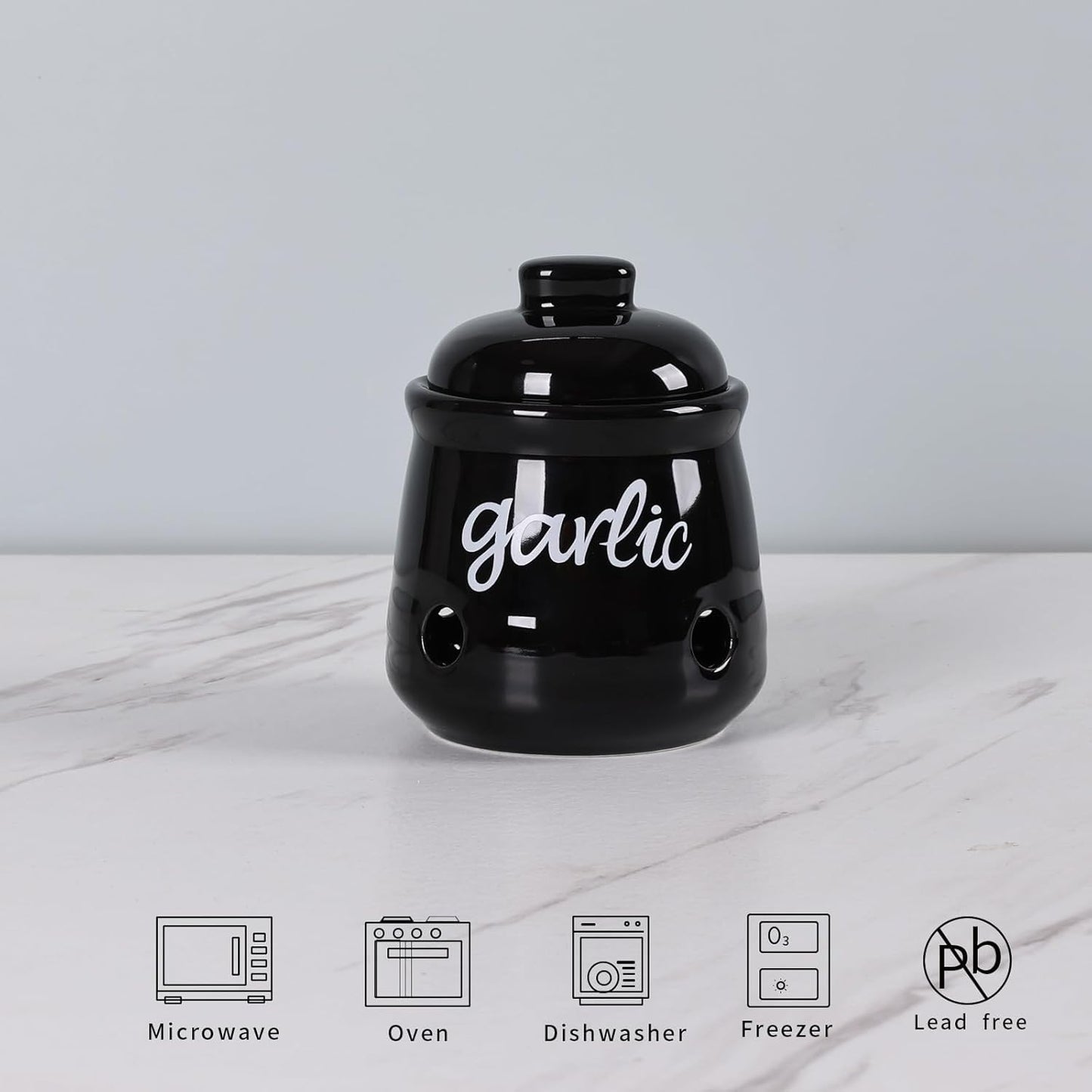 HAOTOP Garlic Keeper with Lid, Ceramic Mini Garlic Saver Container for Countertop, Farmhouse Kitchen Decor (Black)