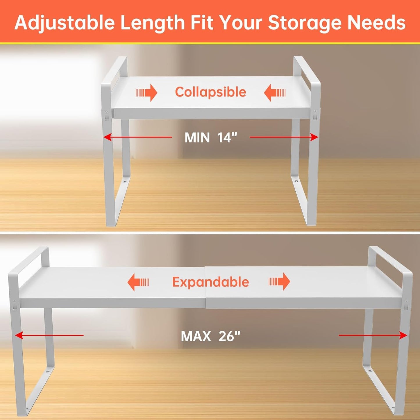 Expandable Cabinet Shelf Organizer Rack 9 inch, Pantry Organizer Lengthen from 14” to 25” ， Large Kitchen Cabinet Storage Shelf Rack， Storage Organizer white，Spice Rack Expandable Shelves,