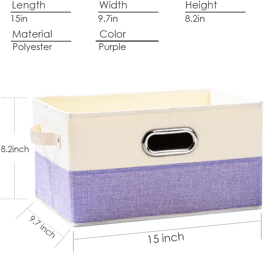 PRANDOM Large Fodable Storage Bins for Closet [3-Pack] Decorative Fabric Storage Baskets Cubes with Leather/Metal Handles for Shelves Bedroom Living Room Purple&Cream (14.9x9.8x8.3 Inch)