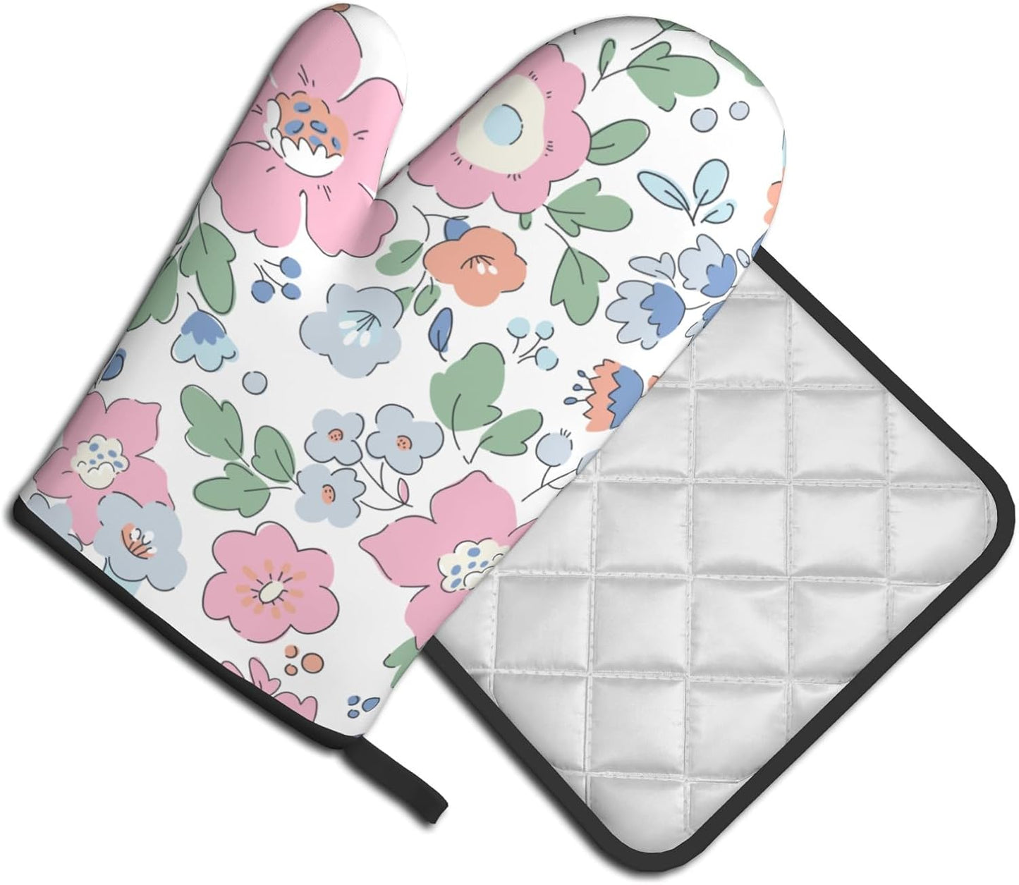 Pink Floral Oven Mitts and Pot Holder Set of 2 Watercolor Flower Heat Resistant BBQ Gloves Hot Pads for Kitchen Baking Cooking Microwave