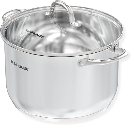 Sunhouse Stainless Steel Stock Pot - 11 Quart Heavy-Duty Induction Cooking Pot with Visible Lid for Pasta, Soup, Spaghetti - Nonstick Thick-Bottom Deep Stockpot for Canning, Boiling, and Simmering