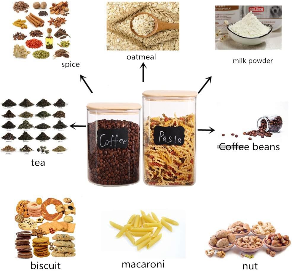 Large Glass Flour and Sugar Containers, Set of 2-120 oz Glass Food Storage Containers with Airtight Lids, Square Glass Jars with Bamboo Lids for Rice, Pasta, Cookies, Sugar