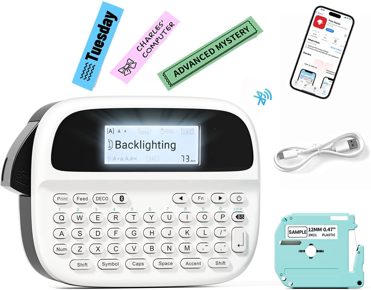 Label Maker Machine with-Tape, Rechargeable Label Maker Waterproof-Labels, Portable Bluetooth Labeler, Labeling Machine with Backlit LCD, QWERTY Keyboard & APP Connectivity for Home Office Use