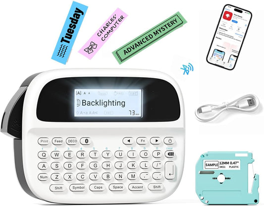 Label Maker Machine with-Tape, Rechargeable Label Maker Waterproof-Labels, Portable Bluetooth Labeler, Labeling Machine with Backlit LCD, QWERTY Keyboard & APP Connectivity for Home Office Use