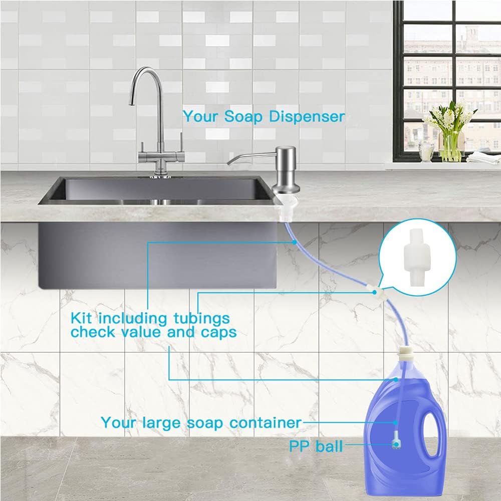 Dish Soap Dispenser for Kitchen Sink (Brushed Nickel), Countertop Sink Soap Dispenser Water Pump with 47” No-Spill Extension Tube Kit Design for Kitchen Bathroom, No More Refills （Sliver）