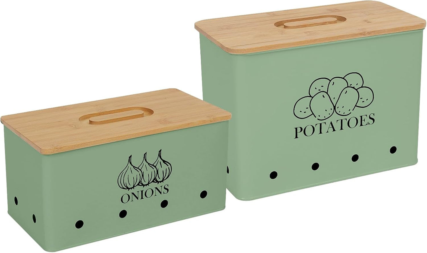 Potato Onion Storage Box, Food Container Sets, Storage Canisters for Vegeatables, Set of 2 Jars Pots Containers, Potato & Onion Bin with Aerating Tin Storage Holes & Bamboo Lid-Green