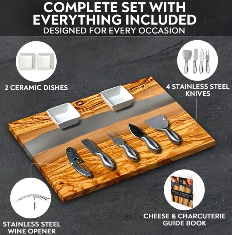 Handcrafted Italian Olive Wood Cheese & Charcuterie Board Set with Unique Gray Resin Artwork - Cutting Board Comes with 4 Cheese Knives, 2 Dipping Bowls & Corkscrew Wine Opener (Gray)