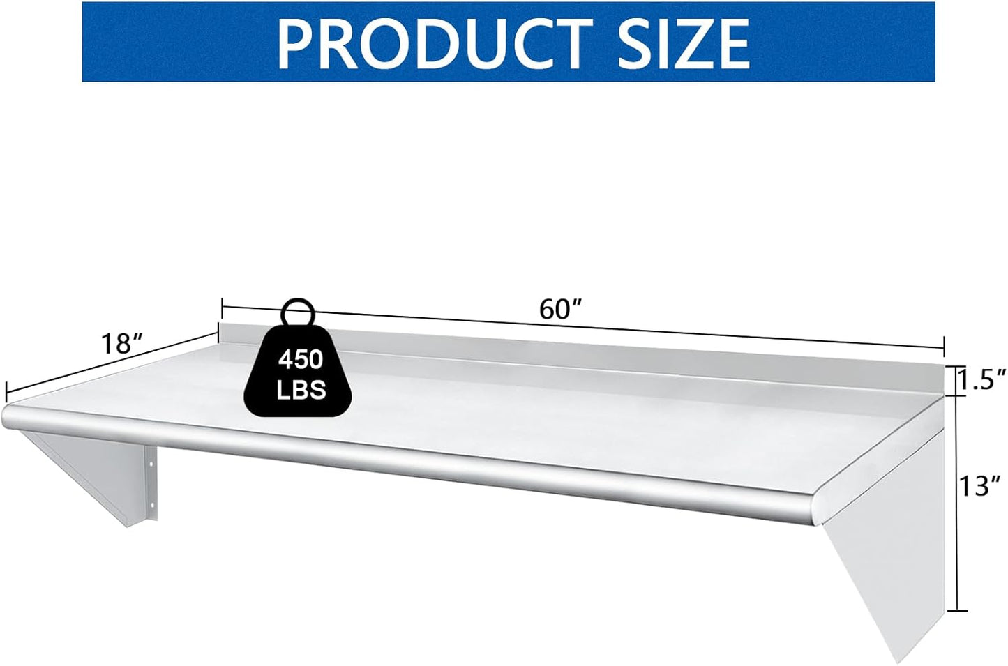 HARDURA Stainless Steel Shelf 18" x 60", 450lb Commercial Shelves Wall Mount Metal Shelving with Backsplash and Brackets for Kitchen, Restaurant, Laundry Room and Home